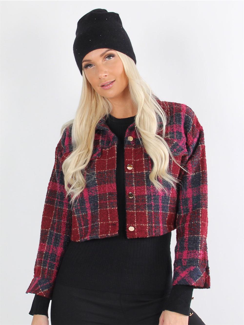 Elin - Bordeauxrød ternet jakke med guld knapper i cropped look